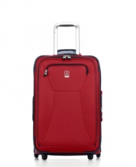 The lighter side of luggage. Even when fully packed, this lightweight carry-on suitcase from Travelpro gives you a serious edge with durable, tear-resistant nylon construction and a spacious, beautifully organized interior that expands over two inches to help you bring everything you need... and more. Limited lifetime warranty.