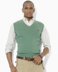 Knit from luxuriously soft Pima cotton yarns in a classic jersey stitch, this classic-fitting sweater vest is a preppy essential for the modern man's wardrobe.