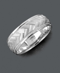 Simple design with a little extra texture. Men's ring features a woven band set in 14k white gold. Sizes 6-13.