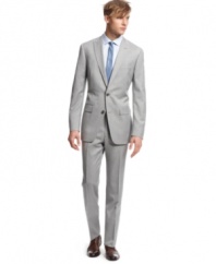 Lighten up. This Bar III grey suit is the right way to shake up a wardrobe of blacks and blues.