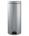 Put the pedal to the metal. This trash can features a patented soft-touch closure that lets the lid open smoothly and silently with just a gentle push of the pedal. The all-steel design has a fingerprint-proof finish to help your kitchen shine brighter with less effort. 10-year warranty.