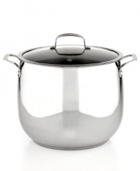 Kitchen stocked! Prep quick, dish it out & clean up easily with this stainless steel dishwasher-safe kitchen essential. With an aluminum encapsulated impact-bonded base, this pot heats up fast & evenly with a bell-shaped body that enhances moisture circulation for tender, flavor-rich results. Limited lifetime warranty.