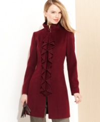 Elegant lines and a cascade of structured ruffles make this wool-blend coat from Tahari a true masterpiece.