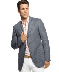 Pull your casual look together for the weekend and beyond with this Tallia Orange slim-fit denim blazer.