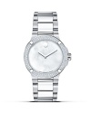 Women's Movado SE Extreme watch with layered case construction in stainless steel and signature dot-motif bezel with 124 diamonds.