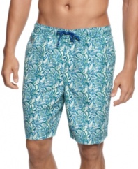 Catch the wave! Get hot summer style-points for popular prints with these comfortable swim trunks from Club Room.