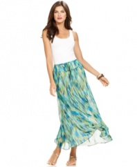 An ethereal print on sheer fabric lends a beach-inspired vibe to this Ellen Tracy skirt. Pair it with a white tank top and sandals for bohemian chic!