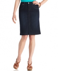 Style&co.'s denim skirt goes dark with a rich blue wash. The tummy control panel ensures a smooth, lean silhouette!