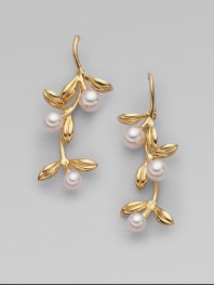 From the Olive Collection. Delicate boughs of 18k gold, sprinkled with white Akoya pearl olives. 7mm white round cultured pearls Quality: A+ 18k yellow gold Ear wire Imported
