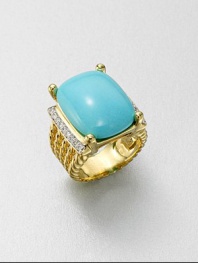 From the Wheaton Collection. A stunning turquoise cabochon is flanked by dazzling diamonds set in radiant 18k gold. TurquoiseDiamonds, .27 tcw18k goldWidth, about .78Imported