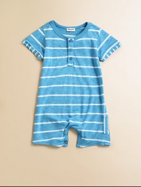 Handsome stripes, layered-look short sleeves and a side patch pocket make this adorable little playsuit a must-have for your little one.CrewneckShort sleevesButton-frontBottom snaps39% supima pima/39% micro modal/22% polyesterMachine washImported Please note: Number of buttons and snaps may vary depending on size ordered. 