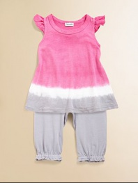 A charming ombré tunic meets a cozy pair of matching pants with ruffled trim for a cute and colorful ensemble.Round necklineRuffled cap sleevesPullover styleElastic waist and hem50% pima cotton/50% modalMachine washImported