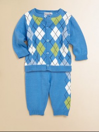 This charming cardigan and pant set is crafted in ultra-soft cotton with a classic argyle print for handsome style. Sweater CrewneckLong sleevesButton-front Pants Elastic waistCottonMachine washImported Please note: Number of buttons may vary depending on size ordered. 