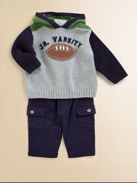 Your little boy will score a touchdown in this knit hoodie with full back zipper and football motif.Attached hoodLong sleevesBack zipperRibbed cuffs and hemCottonMachine washImported