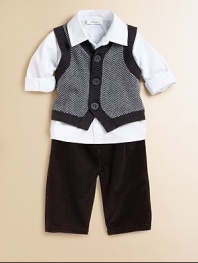 He'll be ready for anything in this dressy outfit, featuring a woven shirt, herringbone-knit vest and cozy corduroy pants. Shirt Point collarButton frontLong sleeves with rolled cuffs Vest Button frontRibbed trim Pants Pull-on styleCottonMachine washImported Please note: Number of buttons may vary depending on size ordered. 