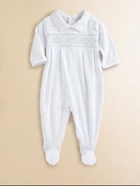 This angelic one-piece is crafted in plush pima cotton and embellished with eye-catching smocking for sweet baby style.Pointed collarLong sleevesBack snapsBottom snapsPima cottonMachine washImported Please note: Number of snaps may vary depending on size ordered. 