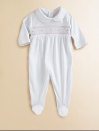This angelic one-piece is crafted in plush pima cotton and embellished with eye-catching smocking and scalloping for sweet baby style.Peter Pan collarLong sleevesBack snapsBottom snapsPima cottonMachine washImported Please note: Number of snaps may vary depending on size ordered. 