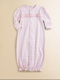 This soft cotton gown with mini hearts and ruffled trim can be converted to legs.CrewneckLong sleeves with mitten cuffsFront snapsBottom elasticOrganic pima cottonMachine washImported Please note: Number of snaps may vary depending on size ordered. 