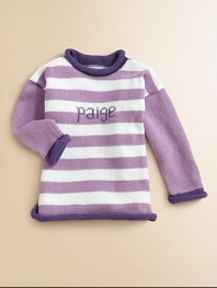 Stripes lend whimsy to this beautifully crafted pure cotton sweater perfect for girls and boys alike. A rolled neckline, hem and cuffs add small touches of contrast color. Rolled detailCottonMachine washMade in USAFOR PERSONALIZATION Select a quantity, then scroll down and click on PERSONALIZE & ADD TO BAG to choose and preview your personalization options. Please allow 4-6 weeks for delivery. 