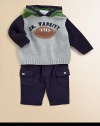 Your little boy will score a touchdown in this knit hoodie with full back zipper and football motif.Attached hoodLong sleevesBack zipperRibbed cuffs and hemCottonMachine washImported