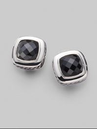 From the Albion Collection. Elegantly faceted black onyx with a smooth bezel and rope edge of sterling silver. Black onyx Sterling silver About ½ square Post-and-hinge back Made in USA