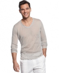 Play up your casual cool with this hip crinkle v-neck sweater from Calvin Klein.