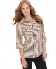 Striking stripes in a classic silhouette make this top a springtime basic from Elementz. Flap chest pockets and roll tab sleeves add utility-chic style, too! (Clearance)