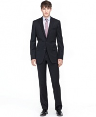 Update your tailored look.  This sleek Bar III suit infuses a modern cut with classic black impact.