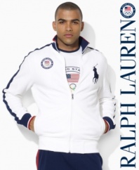 A versatile track jacket in a trim modern fit is crafted from stretch cotton mesh with athletic stripes and country details, celebrating Team USA's participation in the 2012 Olympics.