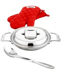 All for one & one for all! This versatile covered pan conquers your kitchen with a five-layer construction that alternates aluminum and stainless steel for incredible heat-up and retention ideal for sautéing onions, stir-frying veggies, searing fish and browning meats. The domed lid traps in moisture, flavors and rich nutrients, while the spoon and oven mitts are great companions for oven-to-table ease. Lifetime warranty.