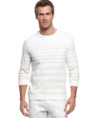 Breezy summer nights need style to match. Layer up with this striped shirt from Perry Ellis.