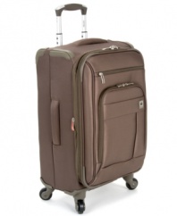 Fly lighter. Crafted from an innovative lightweight Dura-Tec material, this suitcase has a fully integrated fiberglass frame that rolls effortlessly on four multi-direction spinners. A fully-lined expandable interior uses tie-down straps to keep your belongings in place & your clothes wrinkle-free.