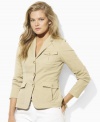 Structured in sleek stretch twill, this plus size Lauren by Ralph Lauren jacket combines casual style with timeless elegance.