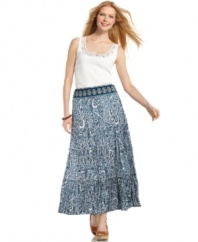 Smocking, a tiered construction and an exotic print give Style&co.'s maxi skirt a touch of boho-inspired glamour!