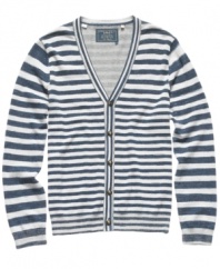A sweater with swagger. This striped cardigan from Guess is the most modern way to layer up.