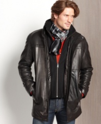 Be smooth. Finish off your cool-weather look with this sleek leather coat with attached bib from Marc New York.