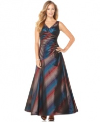 Alex Evenings' gown is truly striking with a deep multicolor stripe pattern and floor-length A-line silhouette.