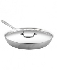 A professional promise. Ideal for searing, browning and pan frying eggs and meat, this French Skillet has a large surface area and high, rounded sides that cut down on splatter and make it easy to flip & baste foods. Five alternating layers of aluminum and stainless steel promote even heating and eliminate hot spots. Lifetime warranty.