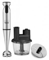 Have a hand in culinary genius. Get your cooking done & get it done right away with this super-powered hand blender, whisker and food processor. Packed with 40 watts of power, this stainless steel addition is the key to versatility including a 4-cup food processor attachment, chopping blade, slicing/shredding disc, whisk and 16-oz. work cup. 3-year warranty. Model CSB80.