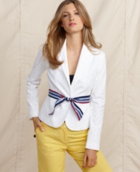 Rendered in eyelet cotton with a festive grosgrain ribbon belt, this Tommy Hilfiger blazer exemplifies preppy cool. Pair it with colored pants for the chicest look of the season!