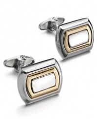 The perfect pairing for the classic business man. These sleek rectangular cuff links feature rounded ends and a two-tone design. Set in sterling silver with 14k gold accents. Approximate length: 5/8 inch. Approximate width: 3/8 inch.