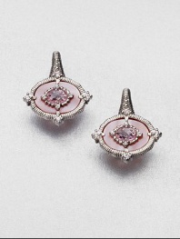 A petite and pretty style with pink mother-of-pearl and faceted pink crystal accented in white sapphires. Pink mother-of-pearlPink crystalWhite sapphireRhodium-plated sterling silverLength, about .75LeverbackImported 