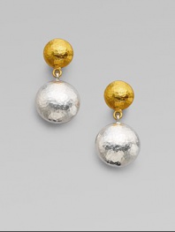 From the Lentil Collection. A pair of hammered spheres - yellow gold and white sterling silver - create an effortlessly elegant drop design.24k yellow gold Sterling silver Length, about 1 Post Back Imported
