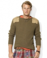 Crafted in a comfortable ribbed knit from soft, cashmere-like cotton, a handsome crewneck sweater channels rugged military styling with shoulder epaulets and soft chino twill patchwork.
