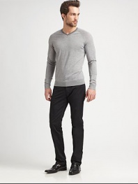 Lightweight, extra fine wool sweater shaped in a modern-fit with contrasting trim at the collar.V-neckRibbed knit collar, cuffs and hemWoolDry cleanImported of Italian fabric