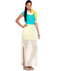 A neon underlay adds irreverent appeal to this sheer striped Bar III chiffon maxi skirt -- a spring must-have!