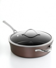 Just right. The perfect kitchen companion, this elegant bronze piece features multiple layers of nonstick technology, a hard-anodized construction and stay-cool handles for an unrivaled combination of professional performance and everyday ease. Deep enough to braise meat, saute seafood, simmer pasta and more. Lifetime warranty.