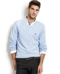 Shed some light on your spring style with this bright light weight v-neck sweater from Nautica.