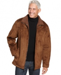With the look of lush suede, this faux sherpa jacket from Weatherproof is ultra-sleek and warm just like the real deal.