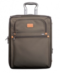 Take the world in form. Sophisticated, stylish and composed travel starts with this durable, dependable companion, the smart solution for quick trips overseas and around the world. Compact, expandable and rolling, this carry-on features endless organizational features, like a garment sleeve and exterior & interior pockets. 5-year warranty.